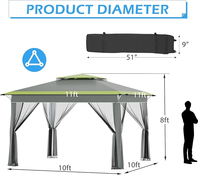 ECOTOUGE 11 FT Pop Up Canopy Tent with Mosquito Nettings, Instant Shelte gazebos on Clearance w/Carrying Roller Bag, Waterproof and UV Resistant Canopy Tent for Grill, Garden and Backyard Grey-Green