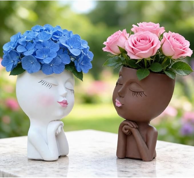 Face Flower Pot Head Planter, Girl Heads Flowerpot, Lady Faces Plant Pot, Female Bust Statue Succulent Pots with Drainage Hole for Indoor Outdoor Plants, Modern Human Art Vase(7" Brown)