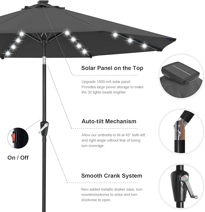 ABCCANOPY 10FT Durable Solar Led Patio Umbrellas with 32LED Lights (Dark Gray)