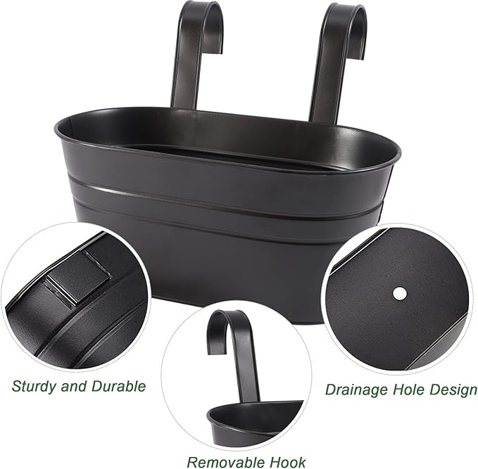 HowRU Metal Iron Flower Pots for Railing Fence Hanging Bucket Pots(5 Pcs) and Hanging Flower Pots Metal Iron Bucket Planter(10 Pcs) (Black)