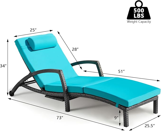 Chaise Lounge Chairs Outdoor Set of 6, Comfy Outside Wicker Patio Pool Lounge Chair w/ 5 Adjustable Back Angle, Cup Holder, Thicken Cushion