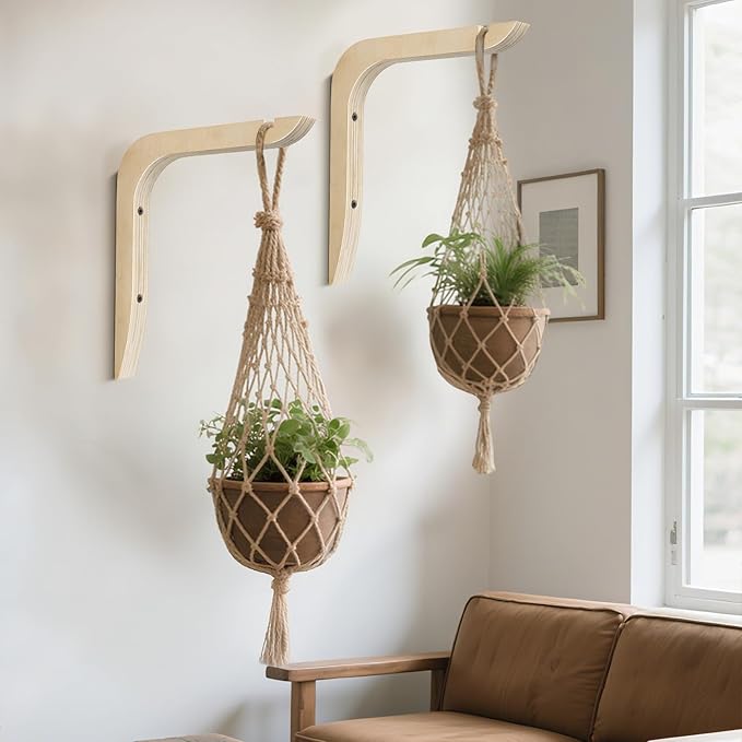 Wooden Plants Hanger, Plant Hangers Indoor Wall Mount, 8.58-Inch Hanging Plant Hooks For Wall, Basket Hooks for Lanterns, Flower Bracket, Wind Chimes, Lamp, Bird Feeders, Patio Decor(wood color 2PCS)