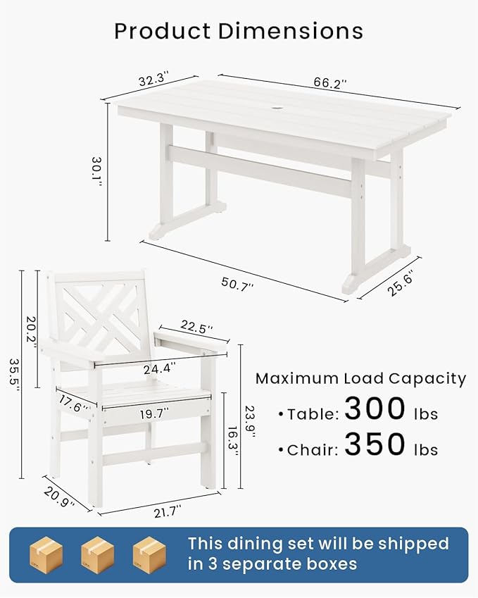 5-Piece Outdoor Dining Set, HDPE All-Weather Patio Table and Chairs Set for 4, Outdoor Patio Furniture Sets with Umbrella Hole for Outside, Deck, Backyard, Garden (White)