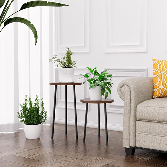 Plant Stand Indoor 2 Pack: Plant Table 14''&20'' Wooden & Metel Heavy Duty Stands for Flower Lovers - Mid Century Modern Design Stool for Bedroom/Living Room/Patio/Garden