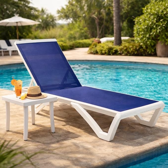 Kozyard Outdoor Chaise Lounge Chair, Full Flat Adjustable Patio Lounger with Aluminum Frame & Resin Legs, Textilene Fabric for Poolside, Backyard & Beach (NavyBlue, Chair with Table)