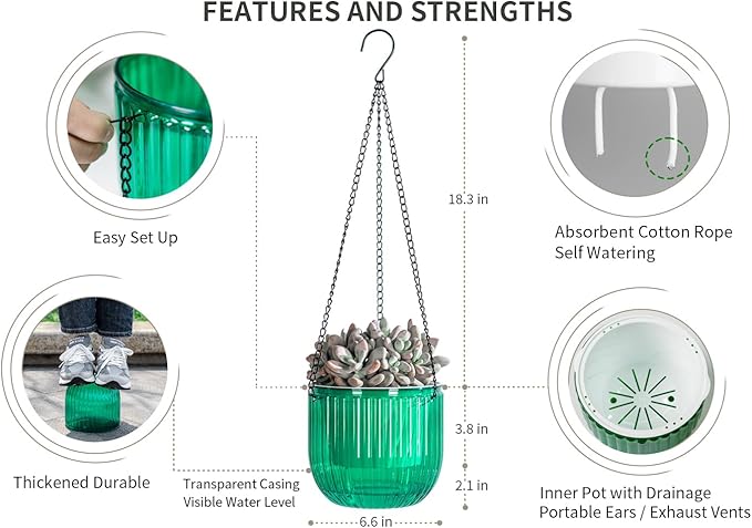 Josteve 6.5 Inch 2 Pcs Self Watering Hanging Planter Indoor Plant Pots Drainage Holes, Outdoor Hanging Planters Flower Pot Basket, Visible Water Level, Plant Hanger Home Decor, Gardening