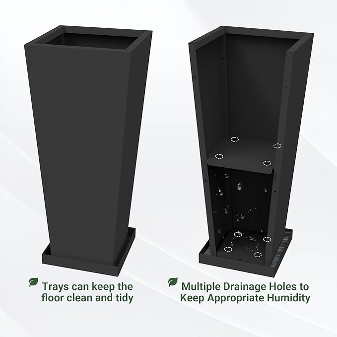 Tall Planters 28" H - 2 Pack, Tapered Pots with Drainage Insert Shelve & Trays, Metal Outdoor Planter Box for Porch, Garden, Patio, Yard (Black)