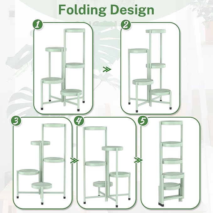 iDavosic.ly Plant Stand Indoor Outdoor, 5 Tier Corner Metal Flower Display Holder Shelf, Easy Assembly Folding Tall Orchid Rack for Patio Balcony Porch Garden Living Room House, Light Green