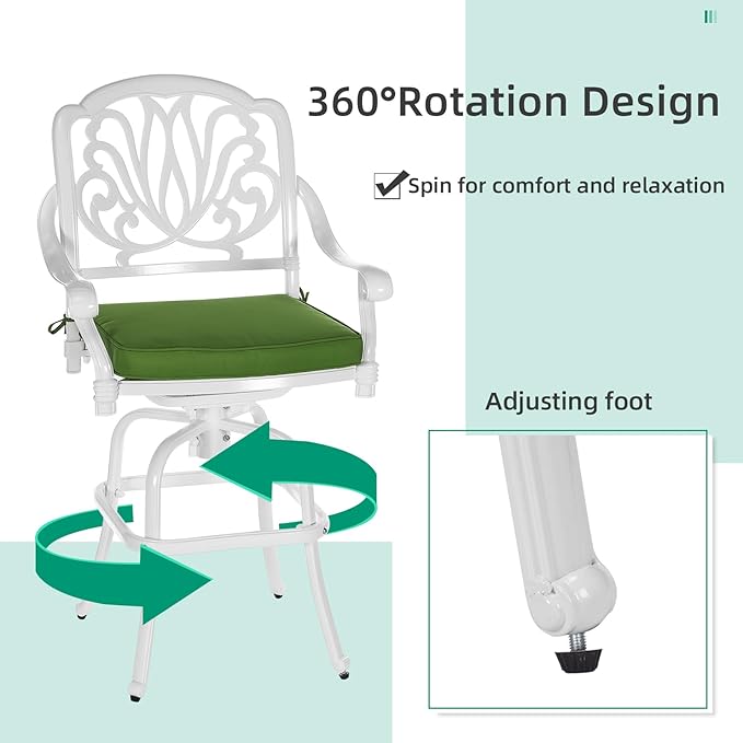 VIVIJASON 5-Piece Patio Swivel Bar Stools Set, All Weather Cast Aluminum Outdoor Bar Height Bistro Set with 4 Cushioned Bar Chairs & 38.5" High Bar Table w/Umbrella Hole for Backyard, Lawn, White