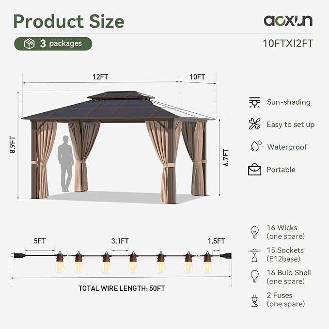 Aoxun 10'x12' Hardtop Gazebo, Aluminum Frame Permanent Pavilion with Light, Curtains and Netting, Outdoor Polycarbonate Gazebo, Double Roof Canopy, for Gardens, Patios, Lawns