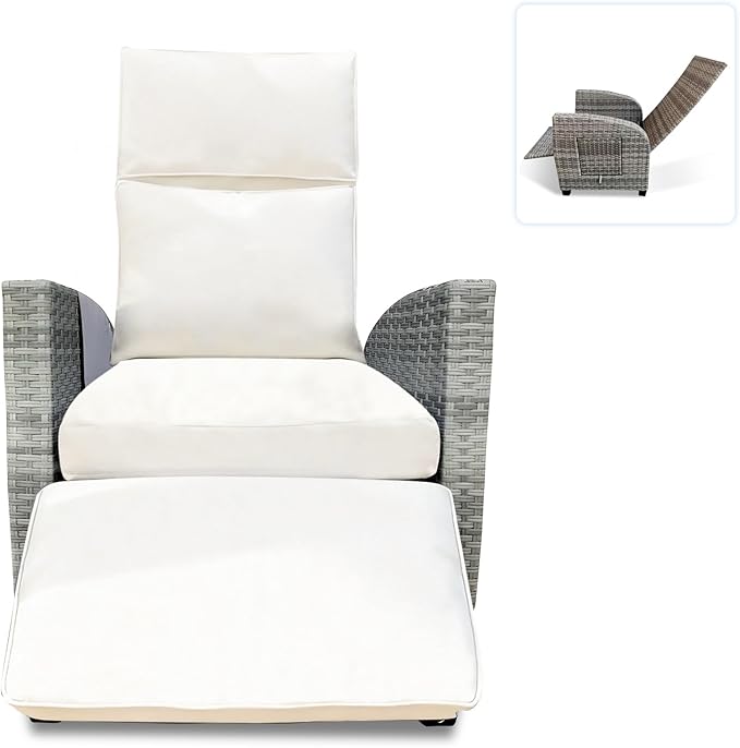 Outdoor Wicker Recliner Chair, 145° Patio Lounge Chair with 4" Cushion, Adjustable Backrest & Footrest, Flip-up Table & Side Pocket for Backyard, Deck, Balcony, Terrace, Poolside