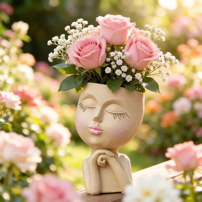 Face Head Planter, Funny Heads Plant Pots, Cute Girl Faces Plant Pot, Decorative Flower Pots, Cute Succulent Pots with Drainage for Home Garden Decor, Plant Lover's Gifts for Women (7" Khaki)