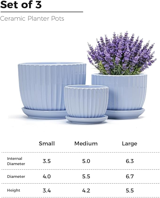 Ton Sin Sky Blue Ceramic Flower Pots, 4"+5"+6" Inch Small Succulent Planters with Drainage Hole,Modern Indoor Decorative Plant Pots Set of 3,Garden Pots with Saucer(Blue)