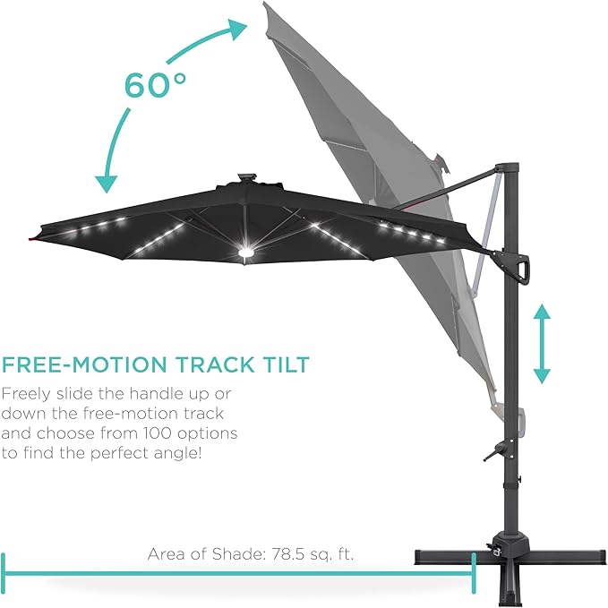 Best Choice Products 10ft Solar LED Cantilever Patio Umbrella, 360-Degree Rotation Hanging Offset Market Outdoor Sun Shade for Backyard, Deck, Poolside w/Lights, Easy Tilt, Cross Base