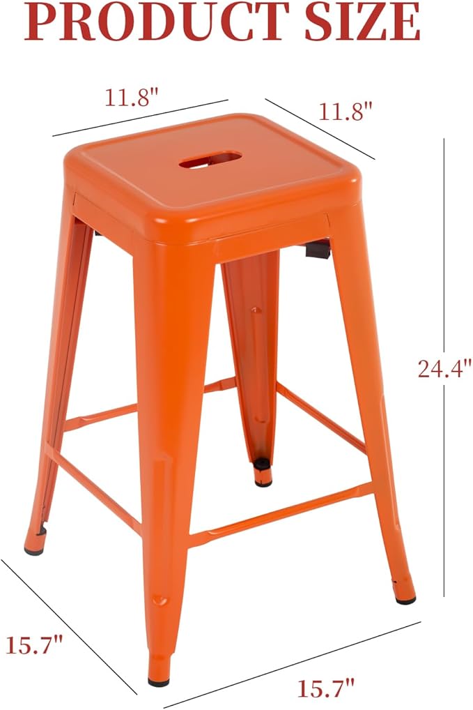 FDW Metal Bar Stools Set of 4 Counter Height Bar Stools 24 Inches Industrial Bar Chairs Patio Stool Stackable Backless Stool Indoor Outdoor Metal Kitchen Stools Bar Chairs (Orange, 24")