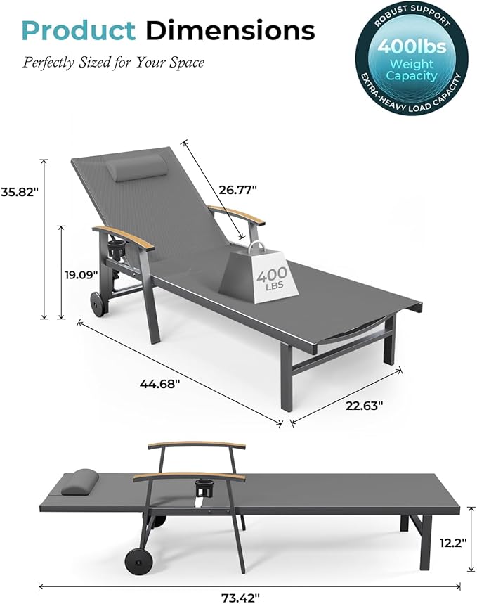 Ciokea Outdoor Lounge Chair with Pillow Set of 4, 5-Position Chaise Lounge with Wheels & Armrests, 400 lbs Heavy Duty Aluminum Pool Lounge Chairs, for Beach, Deck, Poolside & Backyard, Grey