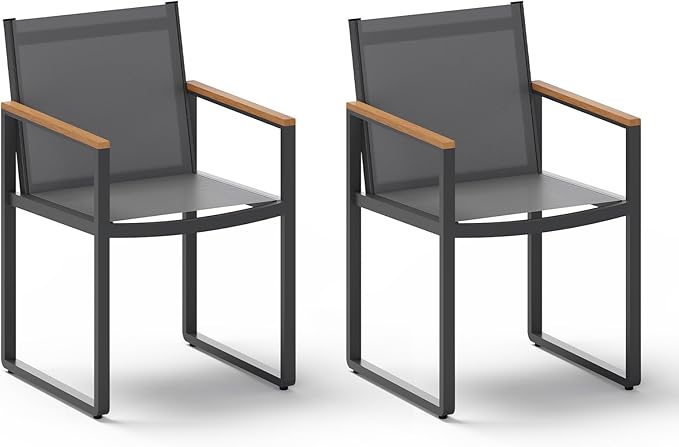 Outdoor Dining Chairs Set of 2, Aluminum Patio Dining Chiars with Textilene Mesh, 2 Piece Outdoor Chiars for Garden, Backyard, Deck (Gray-Teak)