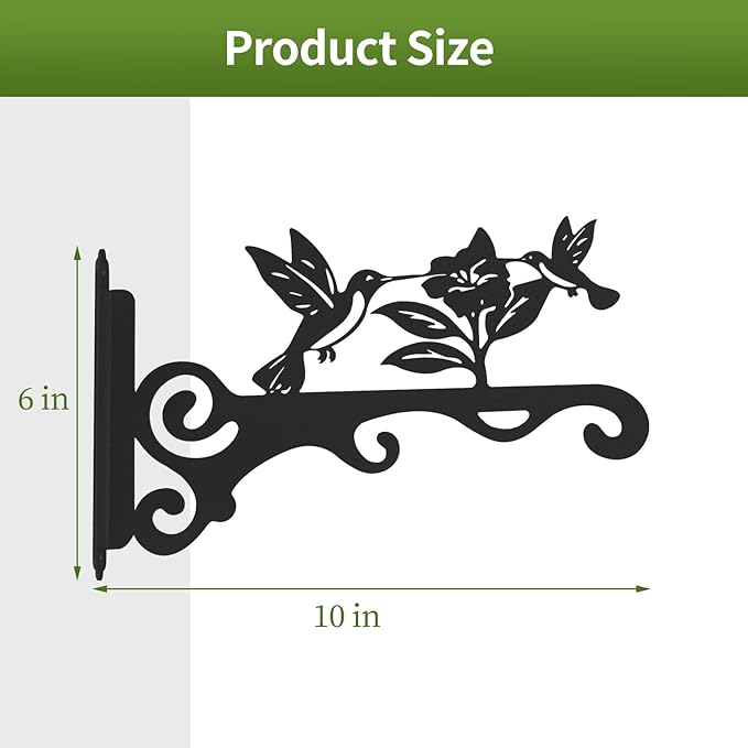 Elegant Bird Pattern Wall Hooks - 10/12/14 Inch Metal Plant Hangers for Indoor & Outdoor - Rust-Resistant Bracket for Plants, Feeders, Chimes, Lanterns (2, Black, 10 inch)