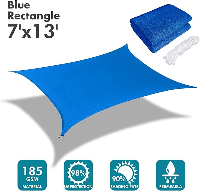 KANAGAWA Sun Shade Sail 7'x13' Blue Rectangle UV Block Canopy Awning Shelter Fabric Cloth Screen for Outdoor Patio Garden Backyard