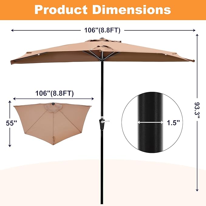 OLIXIS Half 9Ft Umbrella Outdoor Patio, Scalloped Patio Umbrella with Easy Crank, Sun Half Patio Umbrella for Balcony, Market, Garden, Khaki