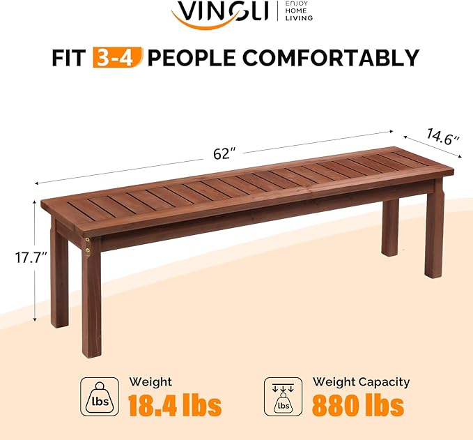 VINGLI Outdoor Wooden Bench, 62” Porch Bench Outdoor Backless Garden Bench, Small Outdoor Bench for Deck Patio Entryway (Brown, 62in)