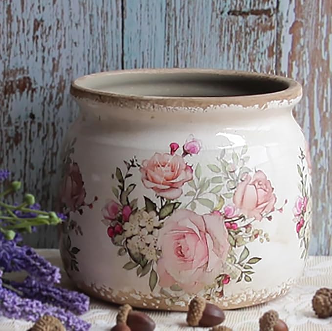 Ceramic Planter for Indoor Plants, 6.29 Inch Rose Pattern Crackle Glaze Flower Pot with Drainage Hole, Orchid Succulent Pots, European Farmhouse Bedroom Balcony Decor Gift, Pink