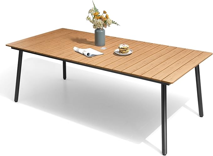 83" Patio Outdoor Dining Table for 6-8, Weather-Resistant Wood-Grain Top with Aluminum Frame & Umbrella Hole for Deck Gatherings, Brown