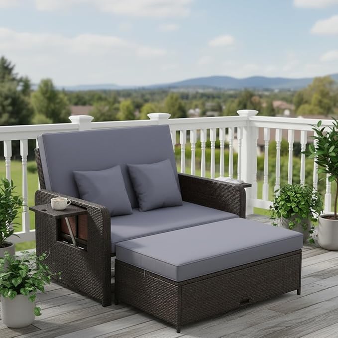 Tangkula Patio Rattan Daybed with 4-Level Adjustable Backrest, Outdoor PE Wicker Loveseat with Storage Ottoman & Folding Side Tray, Double Sunbed Lounger for Balcony, Backyard & Poolside, Grey & Brown