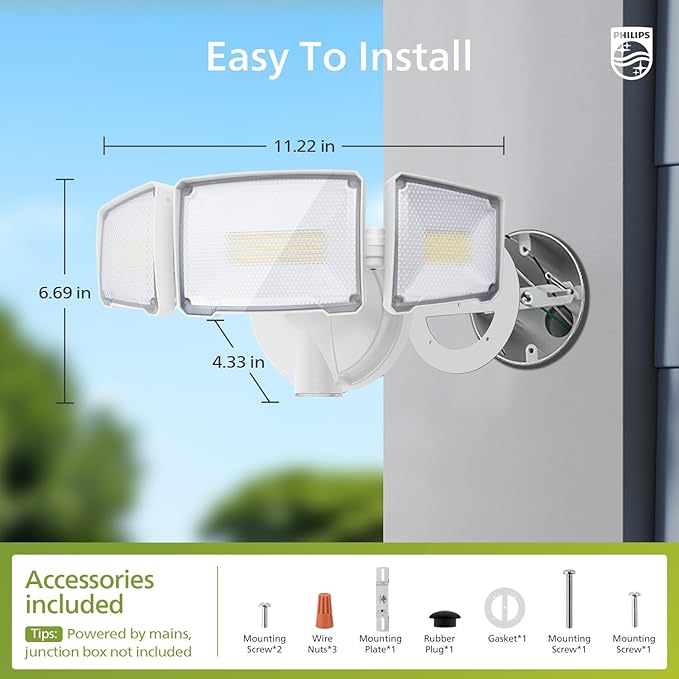 Philips 72W 7400LM LED Flood Lights Outdoor, Dusk to Dawn Aluminum Security Lights, 3 Adjustable Heads, Wall Mount, 5000K Daylight, Waterproof for Yard, Garage