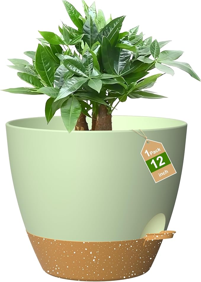 12 Inch Large Self Watering Pots, Flower Pots with Multi-Mesh Drainage Holes and Saucer, Planters for Indoor and Outdoor Garden Plants (Green with Brown)