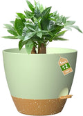 12 Inch Large Self Watering Pots, Flower Pots with Multi-Mesh Drainage Holes and Saucer, Planters for Indoor and Outdoor Garden Plants (Green with Brown)
