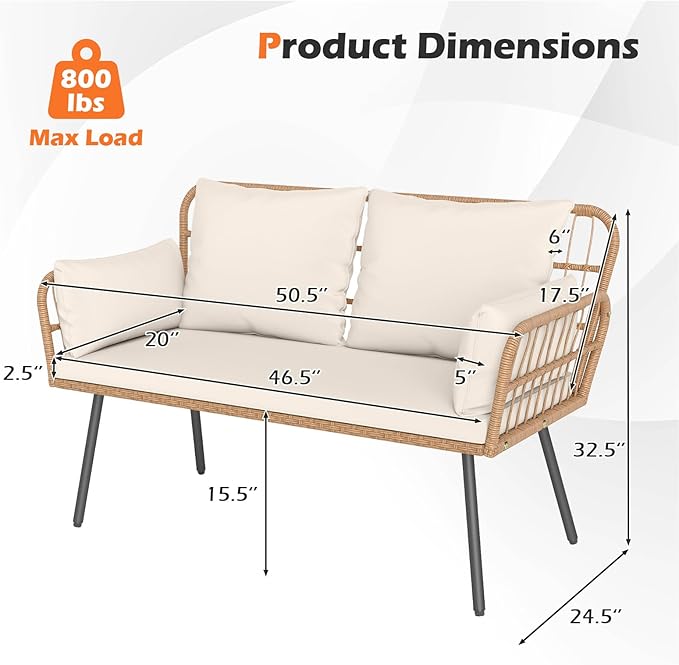 Tangkula Patio Wicker Loveseat, Outdoor Rattan 2-Seat Cushioned Sofa with Heavy Duty Metal Frame, for Backyard,Porch,Poolside (Off White)