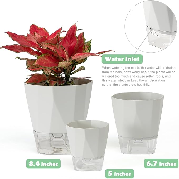 5 Pack Self Watering Plant Pots 5/6.7/8.4 In Self Watering Planters for indoor and Outdoor plants African Violet Self Watering Pots Clear Pots for Plants Herb Orchid Flower Houseplant Pots, Light Grey
