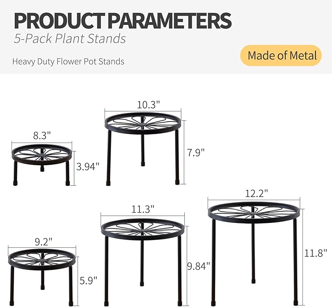Plant Stand,5 Pack Heavy Duty Flower Pot Stands,Metal Decoration Racks,Round Plant Shelf for Planter Outdoor and indoor (Black)