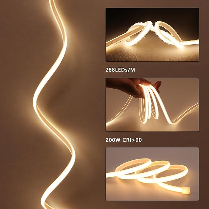 AC 110V COB LED Strip Lights Outdoor Waterproof 65.6ft, 3000K Warm White Super Bright 200W CRI 90+ LED Rope Light, IP65 Flexible Cuttable, for Bedroom Garden Commercial House