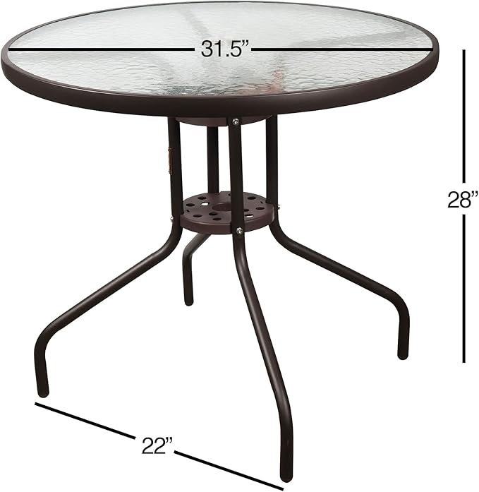 Garden Elements Outdoor Patio Furniture, Round Dining Table, Steel Base and Rim with Water-Wave Glass Top, Brown, 31.5"