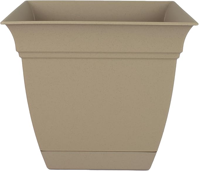 The HC Companies Eclipse Square Plastic Planter w/Attached Saucer - Outdoor & Indoor Plant Pot with Drainage Holes - Lightweight, UV-Resistant Plastic Pots for Plants (8" Sandstone, Pack of 1)