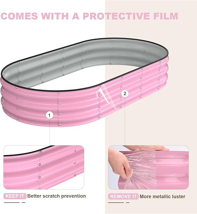 Raised Garden Bed, 6x3x1ft Galvanized Outdoor Planter Beds with Safety Edging and Gloves, Oval Metal Planter Box for Gardening Vegetables Flowers Herb-Blossom Pink