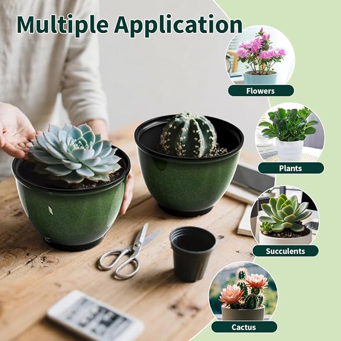 8 Inch Plastic Plant Pots, Set of 4 Flower Pots Planters with Drainage Hole, Glossy Smooth Finish Planter for Indoor Outdoor Succulent Snake Plants (Green)