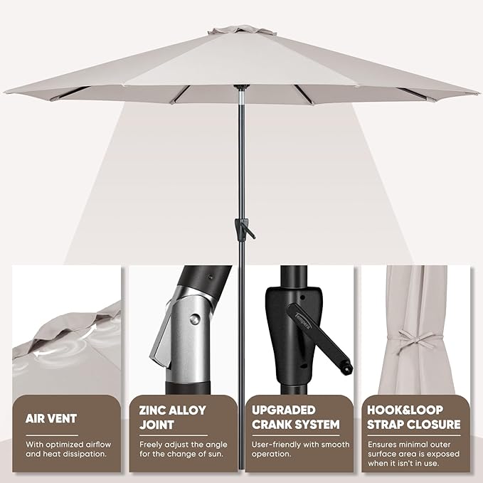 Tempera Patio Market Outdoor Table Umbrella with Auto Tilt and Crank, Large Sun Umbrella with Sturdy Pole & Fade Resistant Canopy, Easy to Set