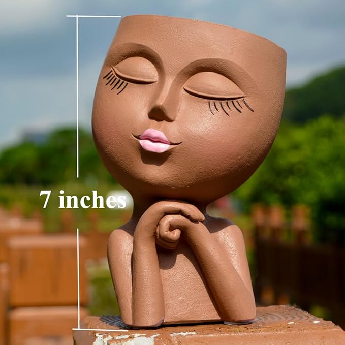 Face Flower Pot Head Planter, Girl Heads Flowerpot, Lady Faces Plant Pot, Female Bust Statue Succulent Pots with Drainage Hole for Indoor Outdoor Plants, Modern Human Art Vase(7" Brown)