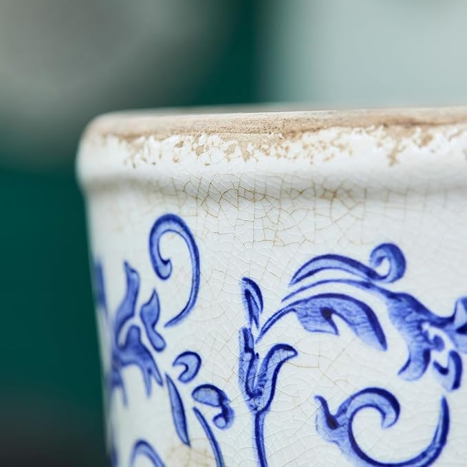Vintage Ceramic Planter Without Drainage Hole, 6.5 Inch - Indoor/Outdoor Flower Pot for Orchids, Succulents, Blue Floral Rustic Farmhouse Plant Pot for Home, Office & Garden Décor, Ideal Gift