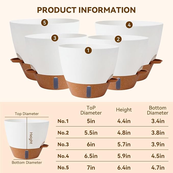 7/6.5/6/5.5/5 Inch Self Watering Pots, Plastic Flower Pots with Multi Mesh Drainage Holes and Deep Reservoir for Indoor Outdoor Garden Plants and Flowers (Black, 5/5.5/6/6.5/7)