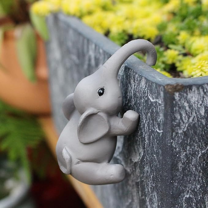 Set of 2 Cute Climbing Elephant Statues Flower Pot Hugger, Resin Hanging Animals Figurine Outdoor Planter Pot Decorations for Home Garden Patio Lawn Yard Ornaments