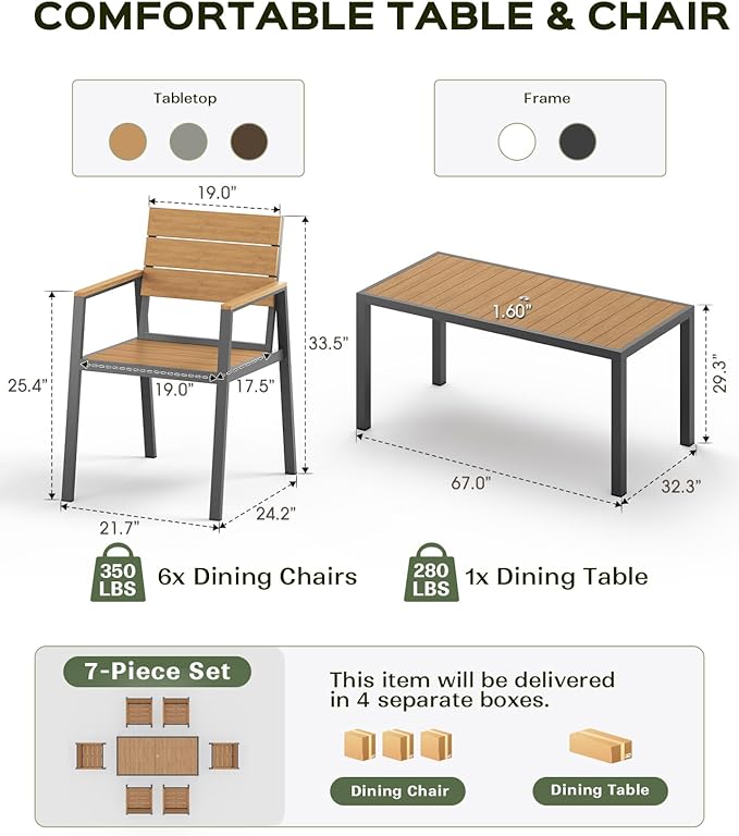 Outdoor Dining Chairs Set of 2, HDPS + Aluminum Patio Dining Chairs with Ergonomic Design and Wide Seat, 2 Piece Outdoor Chairs for Garden, Backyard, Deck (Gray-Teak)