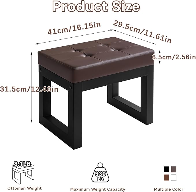 IBUYKE 16 Inch Small Foot Stool Ottoman, Rectangle PU Faux Leather Foot Rest with Padded Seat and Metal Legs, Modern Ottoman Foot Rest for Living Room Bedroom Entryway Couch, Deep Coffee WBD026K