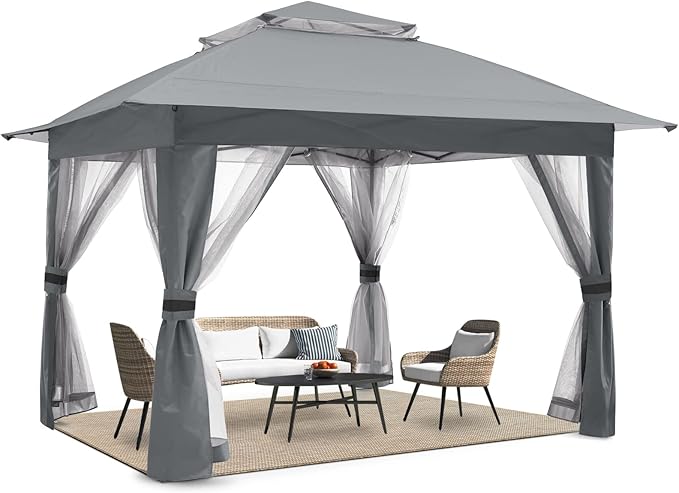 COOSHADE 13x13 Pop Up Gazebo Tent Outdoor Canopy Patio Shelter with Mosquito Netting(Grey)