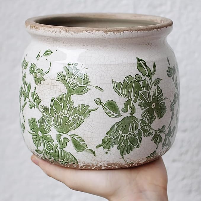 Tuscan Ceramic Indoor Plant Pot & Vase for Home Decor, 6.29'' Rustic Farmhouse Planter w/Drainage for Snake Plant, Pothos and Houseplants, Vintage Office & Tabletop Decoration, Gift for Mom (Green)