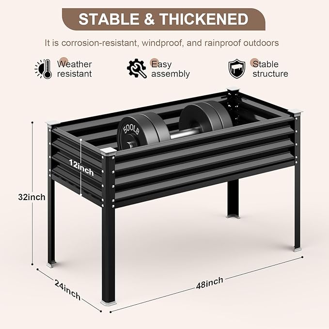 Raised Garden Bed with Legs, 48×24×32in Galvanized Raised Garden Beds Outdoor Elevated Metal Planter Box for Gardening Vegetables Flowers Herb （Black）
