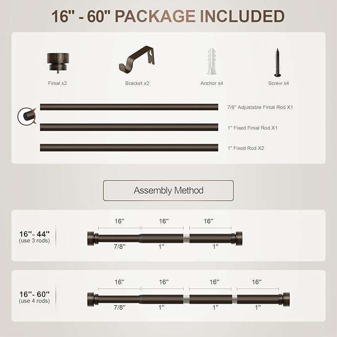 Modern Antique Brown Bronze Curtain Rods for Windows 16 to 60 Inches Adjustable Heavy Duty 1" Diameter Window Curtain Rod with Finials for Outdoor Farmhouse Bedroom Kitchen Living Room